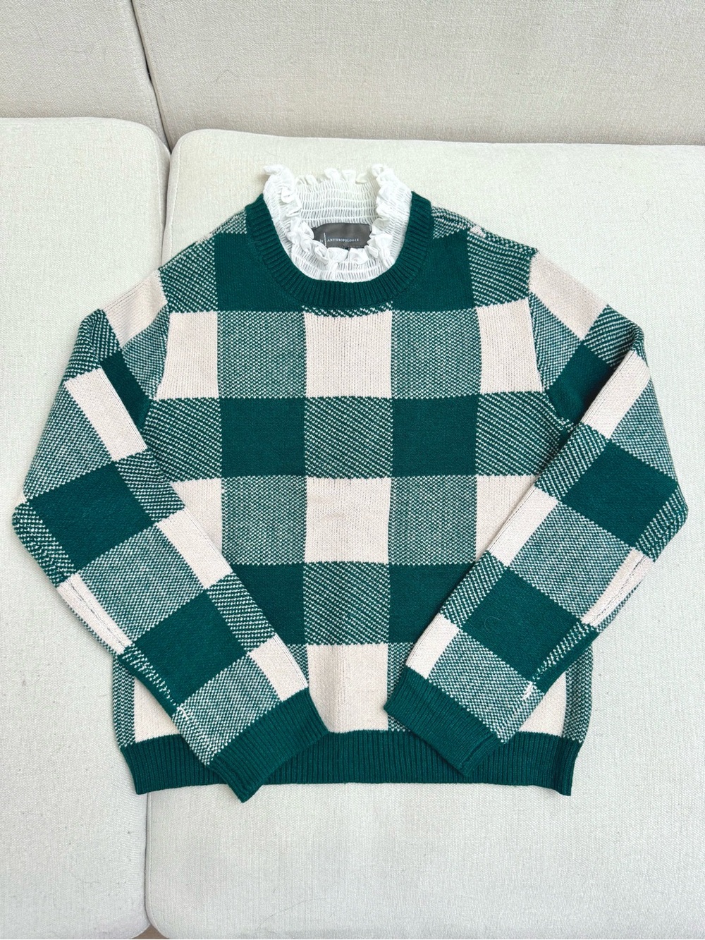 NWOT Anthropologie Green Plaid Ruffle-Collar Sweater - XS